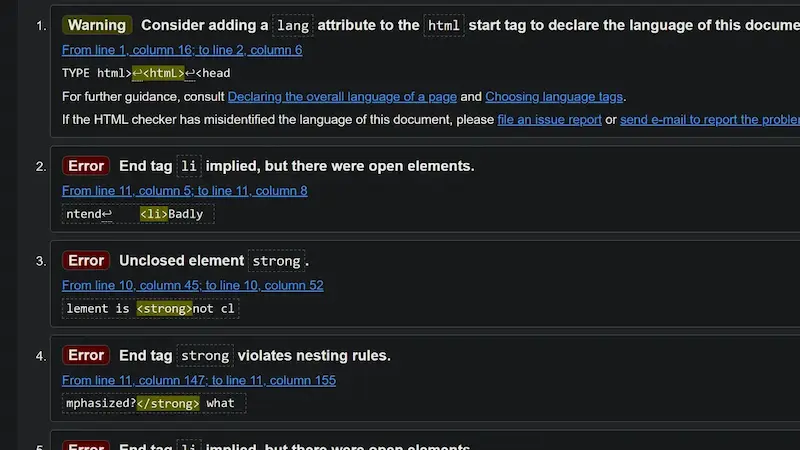 Screenshot of html validator first four errors 1 - 4