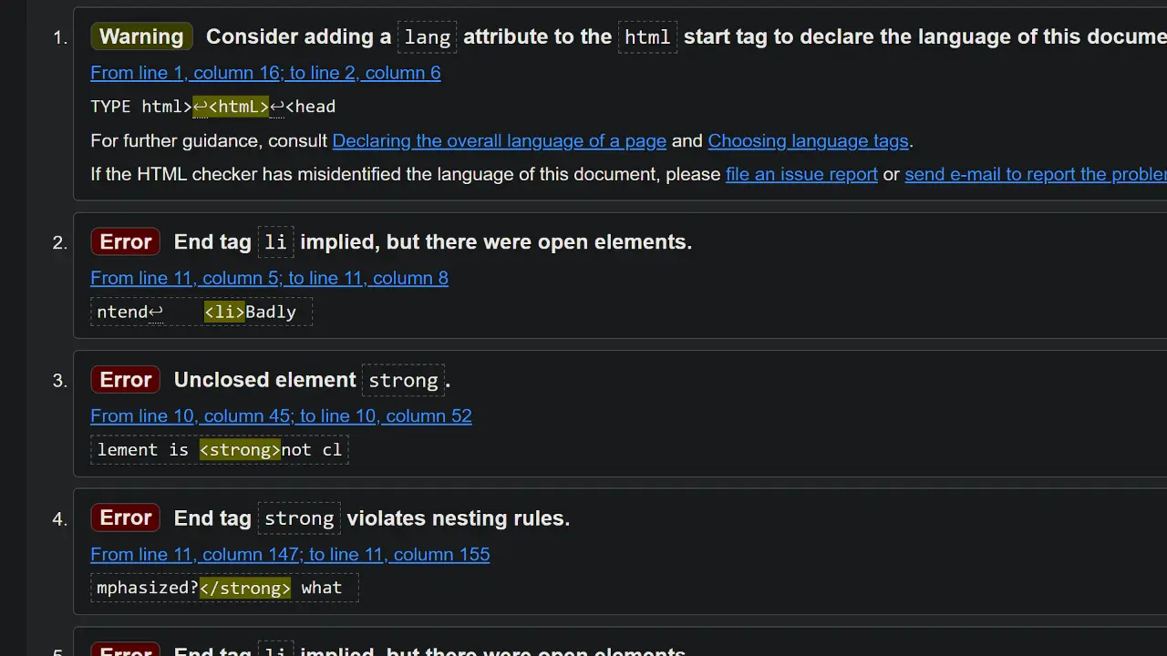 Screenshot of html validator first four errors 1 - 4