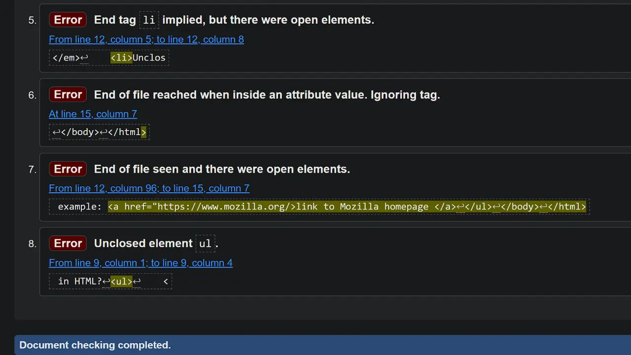 Screenshot of html validator last four errors 5 - 8