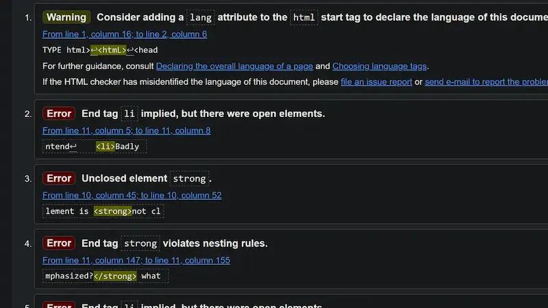 Screenshot of html validator first four errors 1 - 4