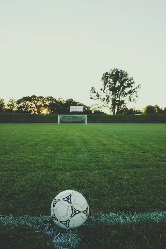 field of grass with a ball and a soccer goal